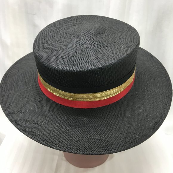 Black Flat Hat with Red & Gold Ribbon main image 4